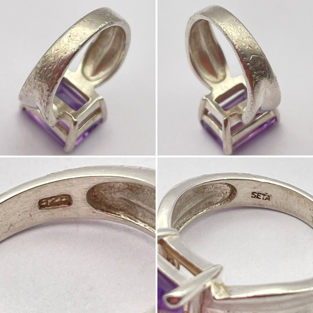 Sterling Silver Amethyst Purple Color Emerald Cut Solitaire CZ Cocktail Ring - Picture 6 of 10